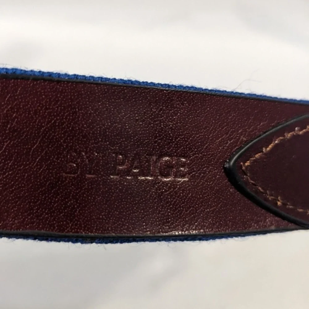 By Paige Mens Needlepoint Bow Tie Belt Blue Leather Brass Buckle Size 38 Preppy